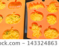Pumpkin cake made by pouring batter into a silicone mold. 143324863