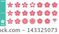Japanese-style design set of cherry blossom icons and crests | Symbol materials of cherry blossoms and floral crests 143325073