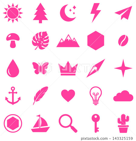 Minimalist icon set featuring various nature and travel symbols in a clean simple vector style Minimalist icon set featuring various nature and travel symbols in a clean simple vector style 143325159