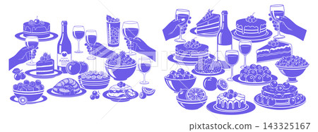 Minimalist vector illustration of festive cakes and drinks with hands raised in celebratory toast style Minimalist vector illustration of festive cakes and drinks with hands raised in celebratory toast style 143325167