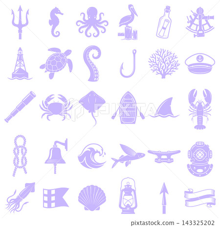 Nautical sea life and maritime navigation themed vector icons set featuring marine animals and tools Nautical sea life and maritime navigation themed vector icons set featuring marine animals and tools 143325202