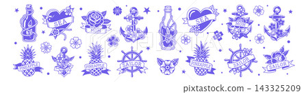 Nautical themed collection of traditional tattoo style vector icons featuring anchors and tropical fruit elements Nautical themed collection of traditional tattoo style vector icons featuring anchors and tropical fruit elements 143325209