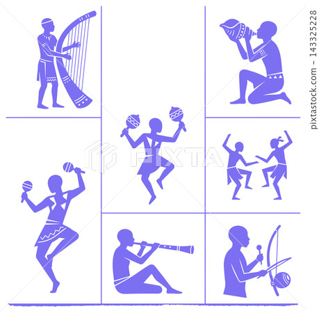 People performing traditional musical instruments and tribal dance scenes in a minimalist vector graphic style 143325228
