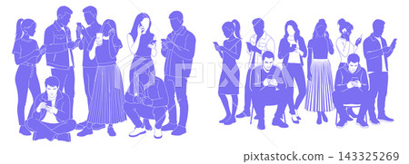Group of diverse young people looking at mobile devices together in a casual social setting atmosphere 143325269
