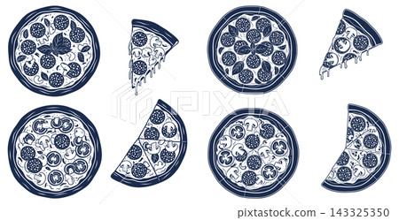 Hand drawn style vector graphics of whole pepperoni pizzas and individual slices with mushrooms and basil leaves Hand drawn style vector graphics of whole pepperoni pizzas and individual slices with mushrooms and basil leaves 143325350
