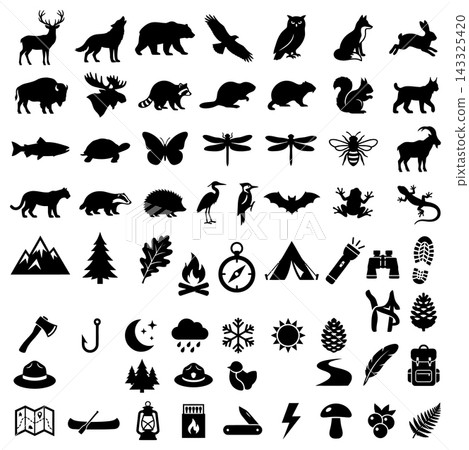 Large collection of camping and outdoor activity silhouette icons for travel or adventure design projects Large collection of camping and outdoor activity silhouette icons for travel or adventure design projects 143325420