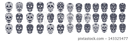 Large collection of sugar skull icons with decorative floral patterns for traditional day of dead Large collection of sugar skull icons with decorative floral patterns for traditional day of dead 143325477