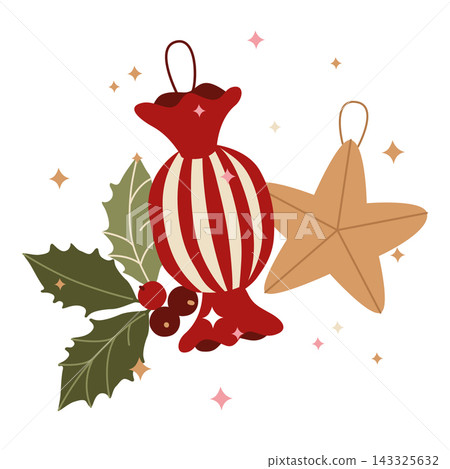 Hand-drawn vintage Christmas tree ornament and holly berry festive composition for winter seasonal decor, packaging, greeting card Hand-drawn vintage Christmas tree ornament and holly berry festive composition for winter seasonal decor, packaging, greeting card 143325632