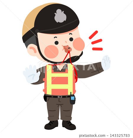 Traffic Police Officer Directing Road Safety With Whistle And Stop Hand Signal Gesture 143325783