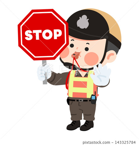 Traffic Police Officer Holding Stop Sign Blowing Whistle For Safety Control Traffic Police Officer Holding Stop Sign Blowing Whistle For Safety Control 143325784