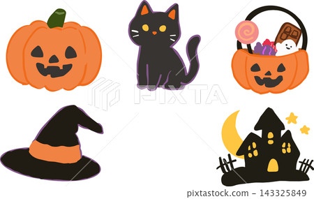 Halloween Illustration Set | Pumpkin, Black Cat, Witch Hat, Sweets Halloween Illustration Set | Pumpkin, Black Cat, Witch Hat, Sweets 143325849