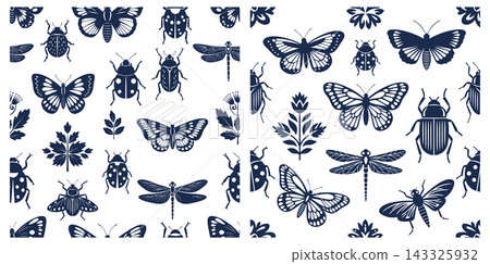Seamless pattern of various insects like butterflies and dragonflies in a simple flat graphic style Seamless pattern of various insects like butterflies and dragonflies in a simple flat graphic style 143325932