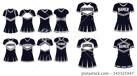 Selection of cheerleading uniform designs with pleated skirts for athletic team apparel print projects Selection of cheerleading uniform designs with pleated skirts for athletic team apparel print projects 143325947