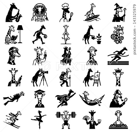 Series of funny giraffe character illustrations showing diverse professions and lifestyle activities in black and white Series of funny giraffe character illustrations showing diverse professions and lifestyle activities in black and white 143325979