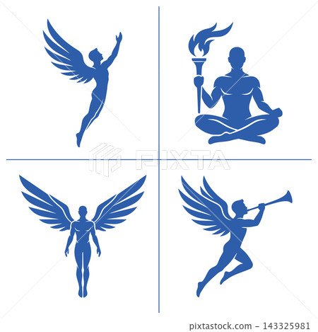 Set of abstract angel and human spirit figures depicted in graceful flying and sitting poses Set of abstract angel and human spirit figures depicted in graceful flying and sitting poses 143325981