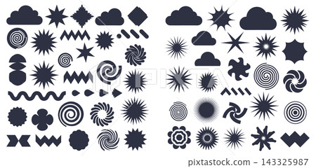 Set of abstract geometric shapes and doodle elements including clouds stars and swirls for design Set of abstract geometric shapes and doodle elements including clouds stars and swirls for design 143325987