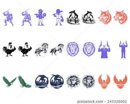 Set of aggressive animal and warrior character mascot designs for sports team logo branding usage Set of aggressive animal and warrior character mascot designs for sports team logo branding usage 143326002