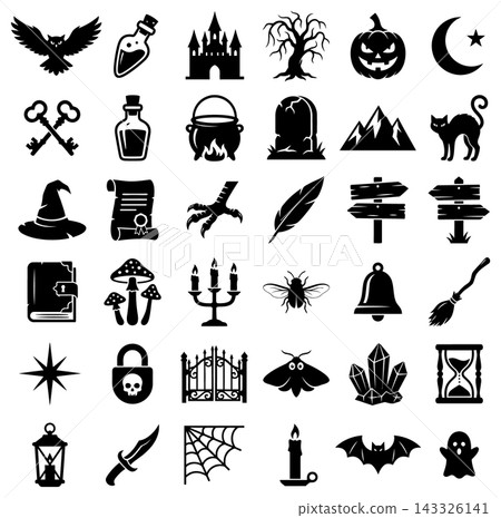 Set of black halloween vector icons featuring mysterious spooky elements for gothic holiday party designs Set of black halloween vector icons featuring mysterious spooky elements for gothic holiday party designs 143326141