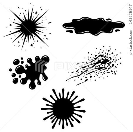 Set of black ink splashes and splatter elements created in a bold flat artistic style Set of black ink splashes and splatter elements created in a bold flat artistic style 143326147