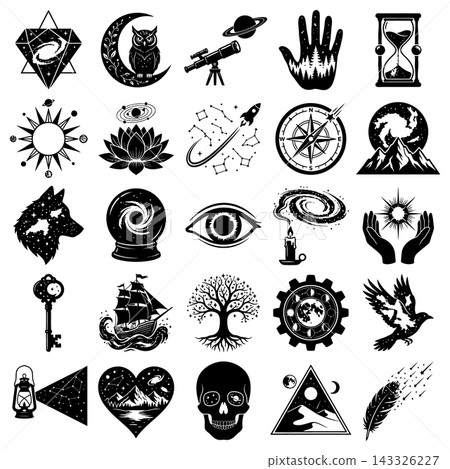 Set of celestial and mystical vector icons for astrology and magic themed graphic design projects Set of celestial and mystical vector icons for astrology and magic themed graphic design projects 143326227