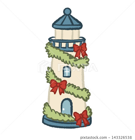 Coastal Christmas Lighthouse Wrapped in Evergreen Garland and Red Bows Cute Nautical Holiday Decoration Illustration Coastal Christmas Lighthouse Wrapped in Evergreen Garland and Red Bows Cute Nautical Holiday Decoration Illustration 143326538