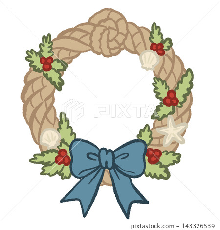151. Coastal Christmas Rope Wreath with Holly Berries Seashells Starfish and Large Blue Bow Cute Nautical Holiday Illustration 151. Coastal Christmas Rope Wreath with Holly Berries Seashells Starfish and Large Blue Bow Cute Nautical Holiday Illustration 143326539