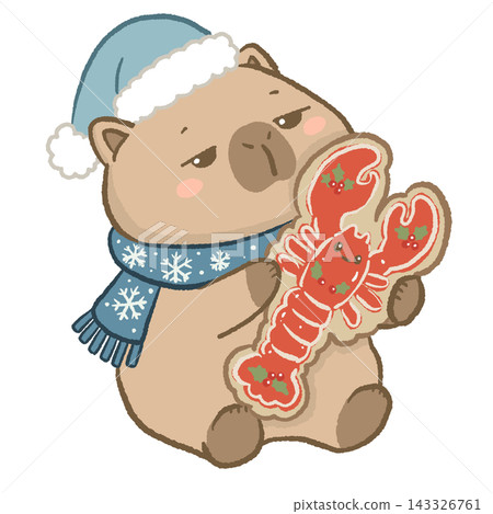 Cute Capybara Holding Giant Christmas Lobster Cookie Wearing Blue Snowflake Scarf and Santa Hat Holiday Illustration Cute Capybara Holding Giant Christmas Lobster Cookie Wearing Blue Snowflake Scarf and Santa Hat Holiday Illustration 143326761