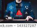 Scam alert warning. Cybersecurity concept. Woman using computer and smartphone, warning sign for scams representing online threats, phishing, cybersecurity, Unknown person, suspicious scammer, fraud 143327287