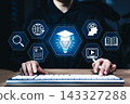 Online education and e-learning concept. Student using computer with icons representing online education, learning, knowledge sharing, educational tools, training, webinar on internet, digital courses 143327288