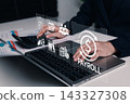 Payroll Management and Salary Processing System. Businesswoman calculates payroll, with icons representing employee salaries management, payment scheduling, efficient payroll, financial documentation, 143327308