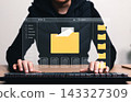 Digital document management and file organization concept. Businesswoman using computer and folders, data storage, records, search, workflow, archiving, sharing, retrieval, office information systems 143327309