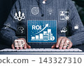 Analyzing ROI and Business Strategy Concepts. Businesswoman working on computer with icons representing ROI, financial strategies, return on investment and efficiency. calculate profit, marketing plan 143327310