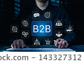 B2B Marketing and Business Collaboration Strategy Concept. Businesswoman using computer with B2B marketing icons, symbolizing business to business communication, collaboration, trade, and strategy 143327312