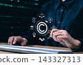 Patented intellectual property. Digital copyright or patent concept. Woman holding magnifying glass focuses on copyright symbol surround by legal icons. trademark license, Author rights, law business, 143327313