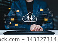 Cloud computing file transfer and digital document management concept. Person using computer with upload and download icon, connected folder, secure data file, online storage, backup synchronization 143327314