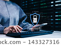 Cybersecurity concept. Lock icon and password input. Woman using computer with shield icon representing cyber security, online security measure, password protection, data privacy, scam, Internet fraud 143327316