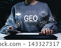 Generative Engine Optimization (GEO) concept with AI icons and chatbot interface, illustrating modern digital marketing and search engine strategies powered by artificial intelligence. AI search, 143327317