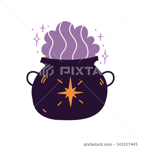 Witch cauldron vector illustration, cute halloween magic potion icon with star isolated on white background 143327445