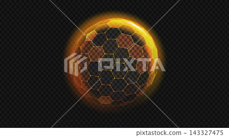 Golden shield dome protecting gold hexagon background. Neon global sphere with glowing tech AI line light. Honeycomb globe pattern for futuristic digital protection design. 143327475