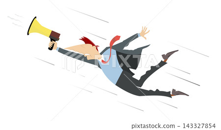 Flying man with megaphone. News. Advertisement. Cartoon man in the air with megaphone makes announcement 143327854