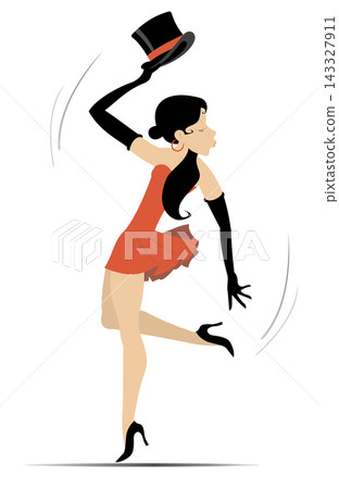 Dancing cabaret girl. Dancing sexy young woman in the red dress, black gloves and a top hat in the hand. Isolated on white background Dancing cabaret girl. Dancing sexy young woman in the red dress, black gloves and a top hat in the hand. Isolated on white background 143327911