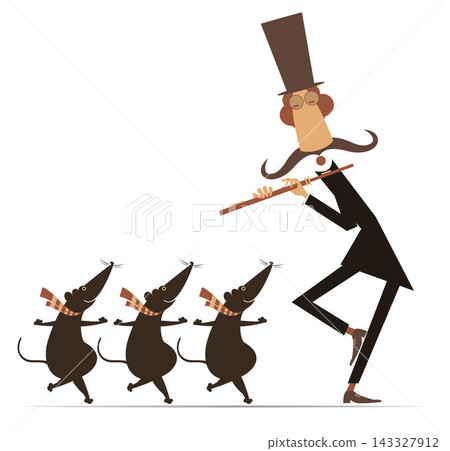 Musician in the top hat playing flute for rats or mice. Funny long mustache man in the top hat playing flute to cute dancing rats or mice Musician in the top hat playing flute for rats or mice. Funny long mustache man in the top hat playing flute to cute dancing rats or mice 143327912