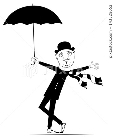 Funny man in the bowler hat holds an umbrella. Illustration of the gentleman in the in the bowler hat with umbrella. Black and white Funny man in the bowler hat holds an umbrella. Illustration of the gentleman in the in the bowler hat with umbrella. Black and white 143328052