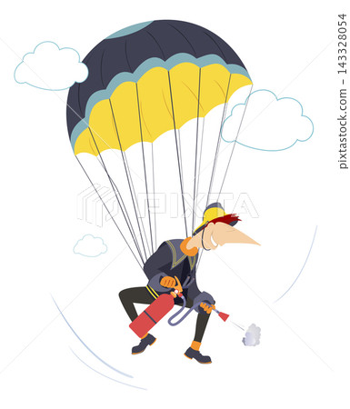 Fireman skydiving. Firefighter in action. Firefighter flies on parachute with a fire extinguisher and trying to stop the fire Fireman skydiving. Firefighter in action. Firefighter flies on parachute with a fire extinguisher and trying to stop the fire 143328054
