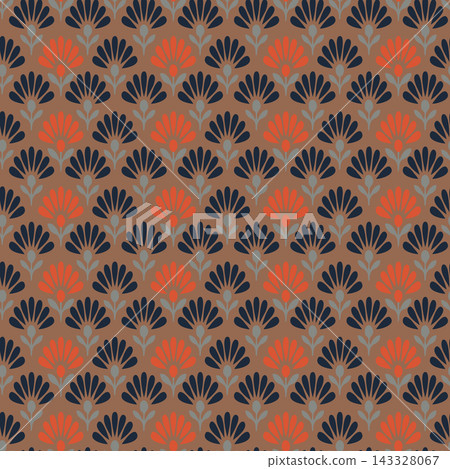 Seamless repeating floral pattern with stylized fan shaped blooms in navy, coral, sage, and brown, arranged on warm earthy background for wallpaper, fabric, wrapping, and surface design. Seamless repeating floral pattern with stylized fan shaped blooms in navy, coral, sage, and brown, arranged on warm earthy background for wallpaper, fabric, wrapping, and surface design. 143328067