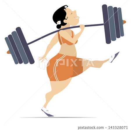 Cartoon female weightlifter illustration. Walking funny strong young woman holds a heavy weight on the shoulder. Isolated on white background Cartoon female weightlifter illustration. Walking funny strong young woman holds a heavy weight on the shoulder. Isolated on white background 143328071