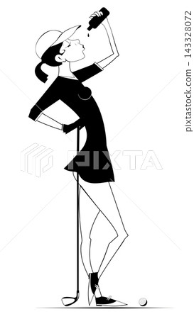 Golf course. Female golfer drinking water. Pretty young woman holding golf club and drinking water. Black and white illustration 143328072
