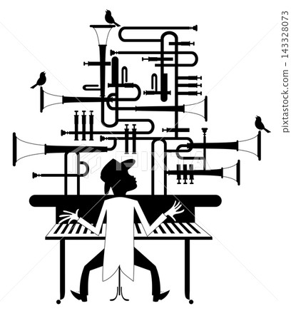 Man playing piano, organ or keyboard. Musician playing piano, organ or keyboard. Singing birds Man playing piano, organ or keyboard. Musician playing piano, organ or keyboard. Singing birds 143328073
