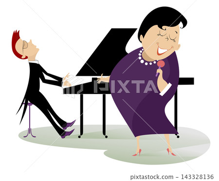 Couple musicians. Singer woman and pianist man. Expressive duet of woman with a microphone and pianist man. Isolated on white background Couple musicians. Singer woman and pianist man. Expressive duet of woman with a microphone and pianist man. Isolated on white background 143328136