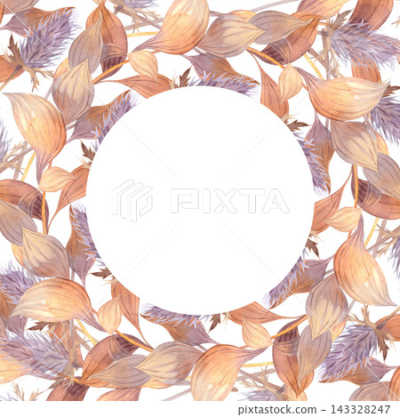 Watercolor botanical frame with warm brown and muted purple leaves surrounding central circle for wedding invitation and greeting card background stationery cover Watercolor botanical frame with warm brown and muted purple leaves surrounding central circle for wedding invitation and greeting card background stationery cover 143328247
